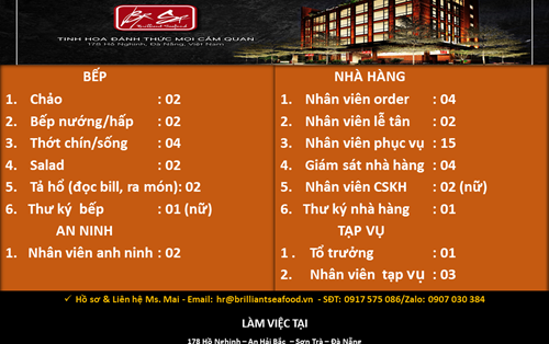 Nhà hàng Brilliant Seafood tuyển dụng nhiều vị trí